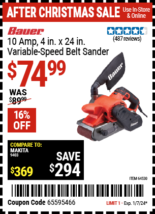 BAUER: 10 Amp 4 in. x 24 in. Variable Speed Belt Sander