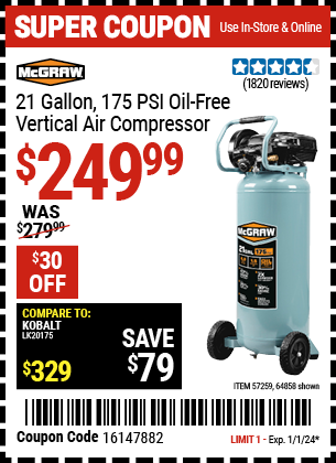 MCGRAW: 21 Gallon, 175 PSI Oil-Free Vertical Air Compressor