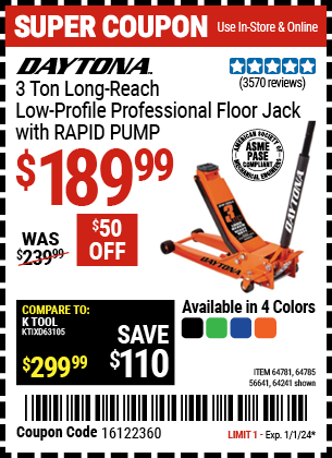 DAYTONA: 3 Ton Long-Reach Low-Profile Professional Floor Jack with RAPID PUMP, Orange