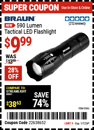 BRAUN: 590 Lumen Tactical LED Flashlight, Black