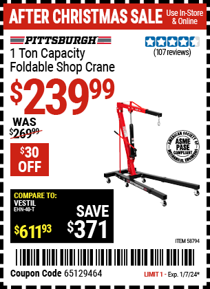 PITTSBURGH: 1 Ton Capacity Foldable Shop Crane