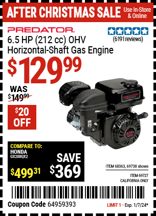 PREDATOR: 6.5 HP (212cc) OHV Horizontal Shaft Gas Engine, EPA