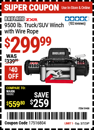 BADLAND ZXR: 9500 lb. Truck/SUV Winch with Wire Rope