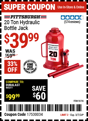 PITTSBURGH: 20 Ton Hydraulic Bottle Jack