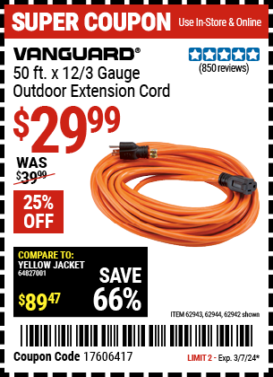 VANGUARD: 50 ft. x 12/3 Gauge Outdoor Extension Cord, Orange