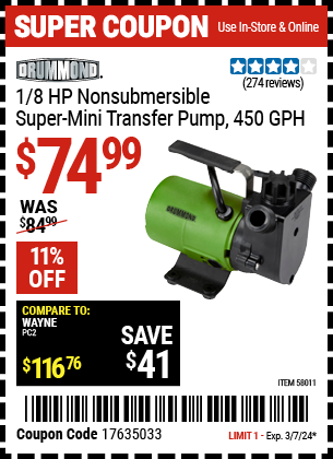 DRUMMOND: 1/8 HP Non-Submersible Super Mini Transfer Pump, 450 GPH