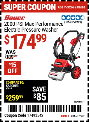 BAUER: 2000 PSI Max Performance Electric Pressure Washer