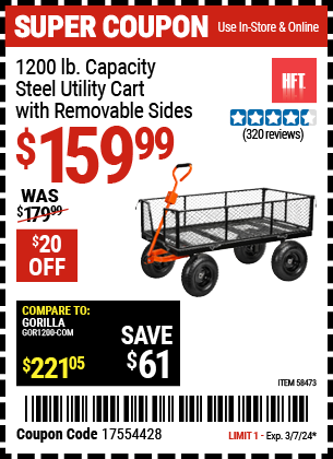 HFT: 1200 lb. Capacity Steel Utility Cart with Removable Sides