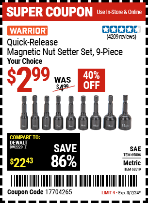 WARRIOR: Quick Release Magnetic SAE Nut Setter Set, 9 Piece