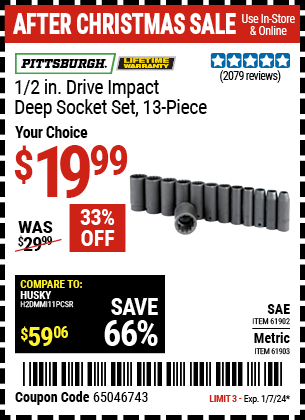 PITTSBURGH: 1/2 in. Drive Metric Impact Deep Socket Set, 13-Piece