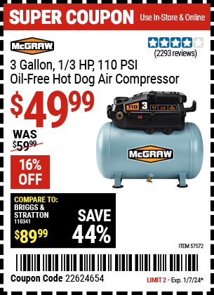 MCGRAW: 3 Gallon 1/3 HP 110 PSI Oil-Free Hot Dog Air Compressor