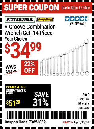 PITTSBURGH: V-Groove SAE Combination Wrench Set, 14 Piece - coupon