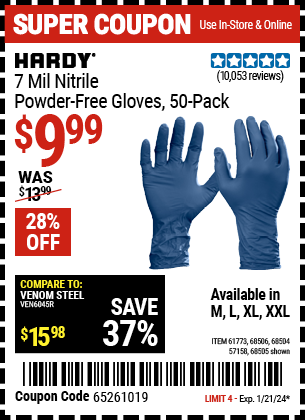 HARDY: 7 mil Nitrile Powder-Free Gloves, 50 Pack, X-Large - coupon