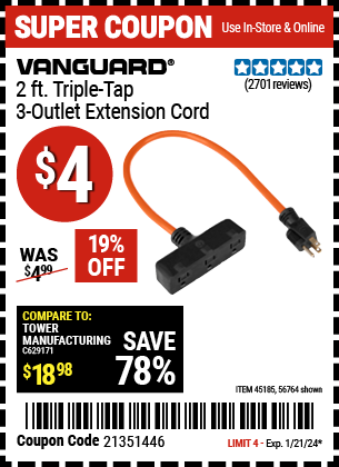 VANGUARD: 2 ft. Triple Tap 3 Outlet Extension Cord