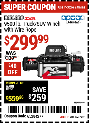 BADLAND ZXR: 9500 lb. Truck/SUV Winch with Wire Rope