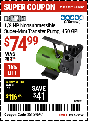 DRUMMOND: 1/8 HP Non-Submersible Super Mini Transfer Pump, 450 GPH