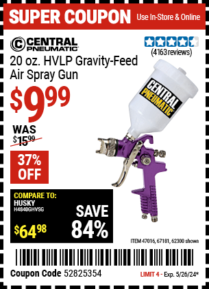 CENTRAL PNEUMATIC: 20 oz. HVLP Gravity Feed Air Spray Gun