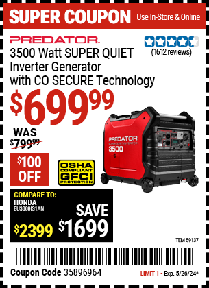 PREDATOR: 3500 Watt SUPER QUIET Inverter Generator with CO SECURE Technology