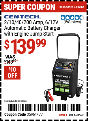 CEN-TECH: 2/10/40/200 Amp, 6/12V Automatic Battery Charger with Engine Jump Start