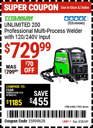 TITANIUM UNLIMITED: 200 Professional Multi-Process Welder with 120/240V Input