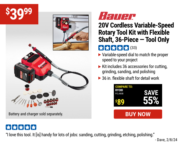 BAUER: 20V Cordless Variable-Speed Rotary Tool Kit with Flexible Shaft, 36-Piece - Tool Only