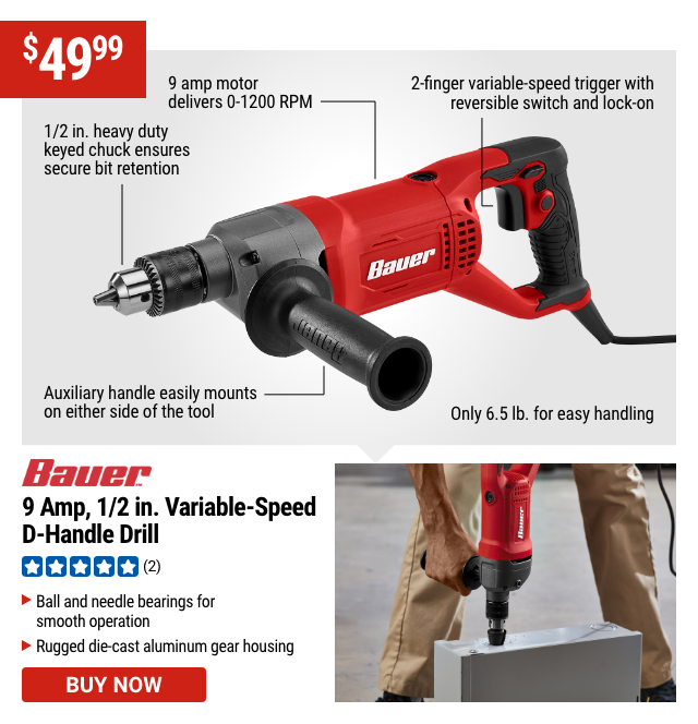 BAUER: 9 Amp, 1/2 in. Variable-Speed D-Handle Drill