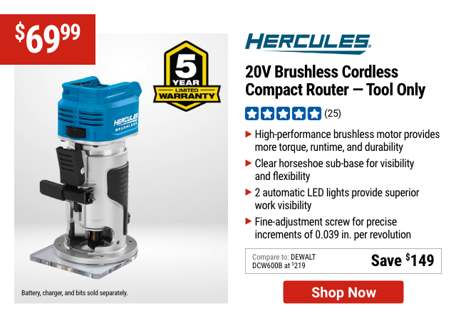 HERCULES: 20V Brushless Cordless Compact Router - Tool Only