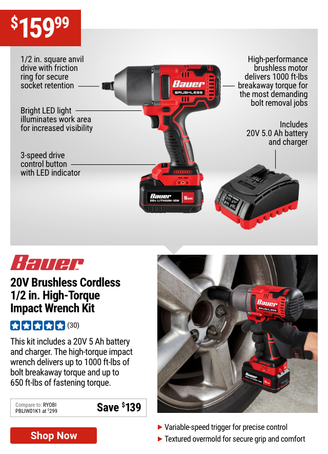 BAUER 20V Brushless Cordless, 1/2 in. High-Torque Impact Wrench Kit