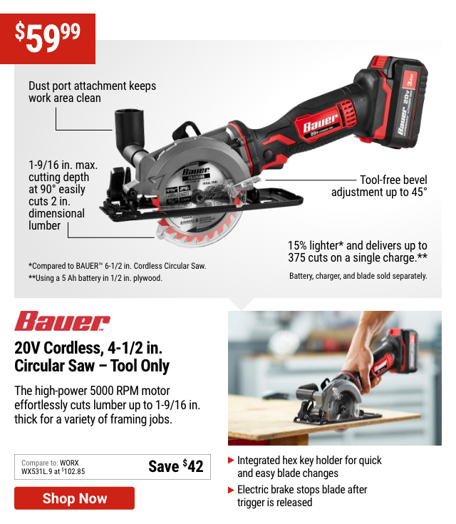 BAUER: 20V Cordless, 4-1/2 in. Circular Saw – Tool Only