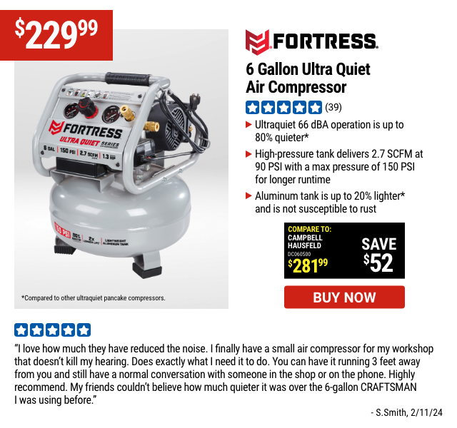 FORTRESS: 6 Gallon Ultra Quiet Air Compressor