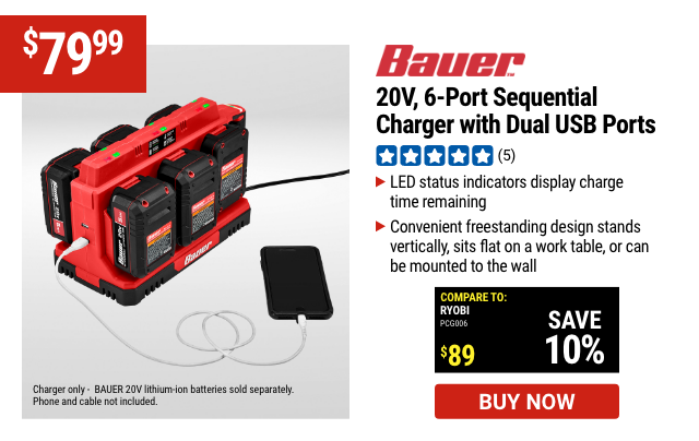 BAUER: 20V 6-Port Sequential Charger with Dual USB Ports 