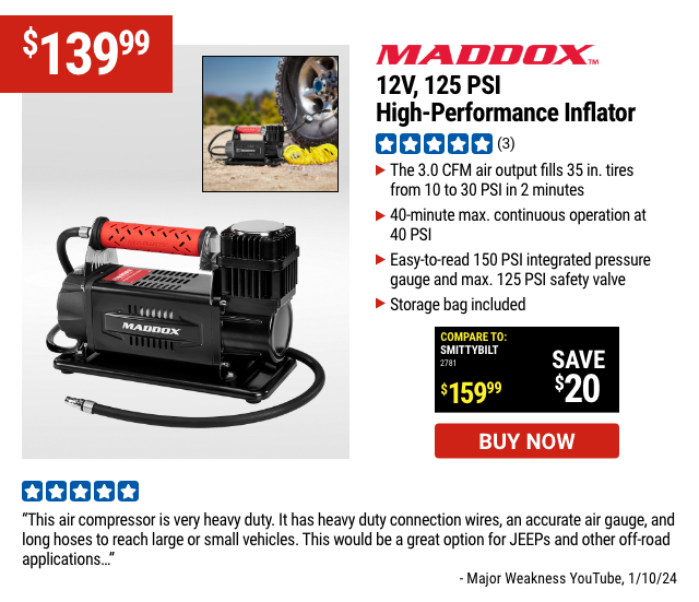 MADDOX: 12V, 125 PSI High-Performance Inflator