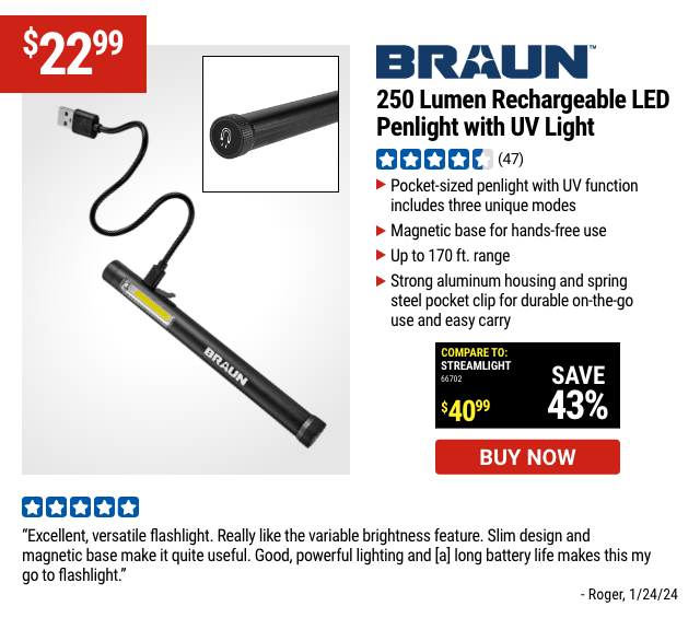 BRAUN: 250 Lumen Rechargeable LED Penlight with UV Light