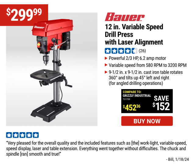 BAUER: 12 in. Variable-Speed Drill Press with Laser Alignment