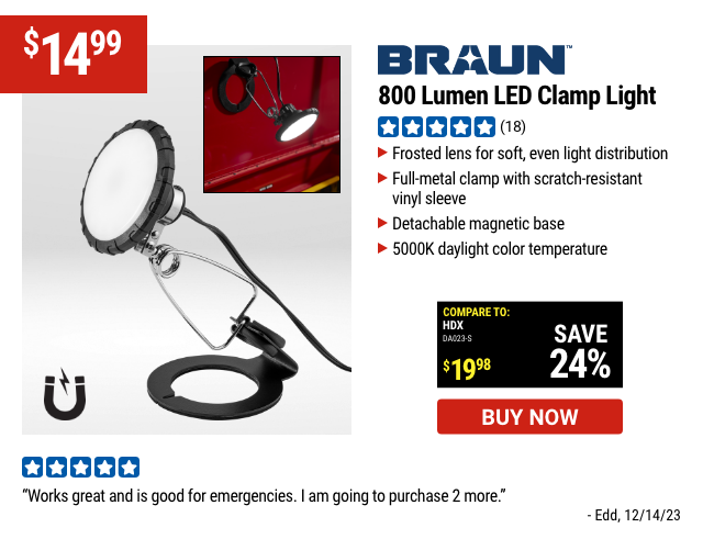 BRAUN: 800 Lumen LED Clamp Light