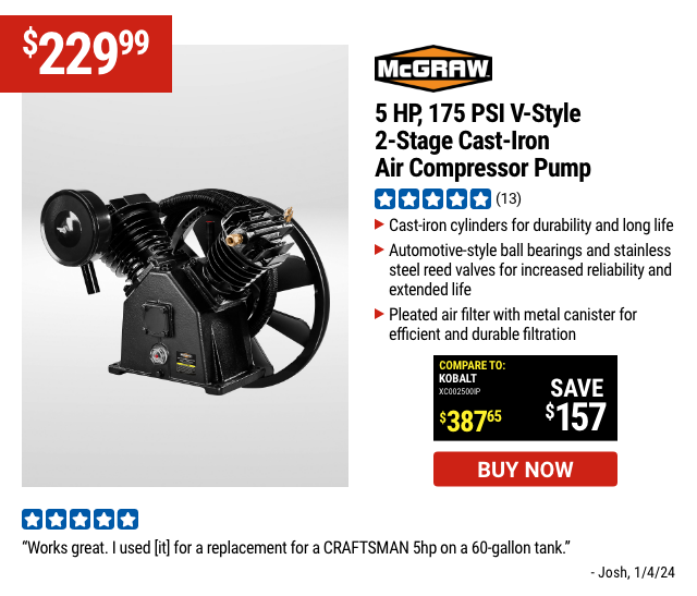 MCGRAW: 5 HP, 175 PSI V-Style Two-Stage Cast Iron Air Compressor Pump