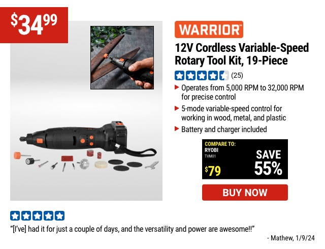 WARRIOR: 12V Cordless Variable-Speed Rotary Tool Kit, 19-Piece