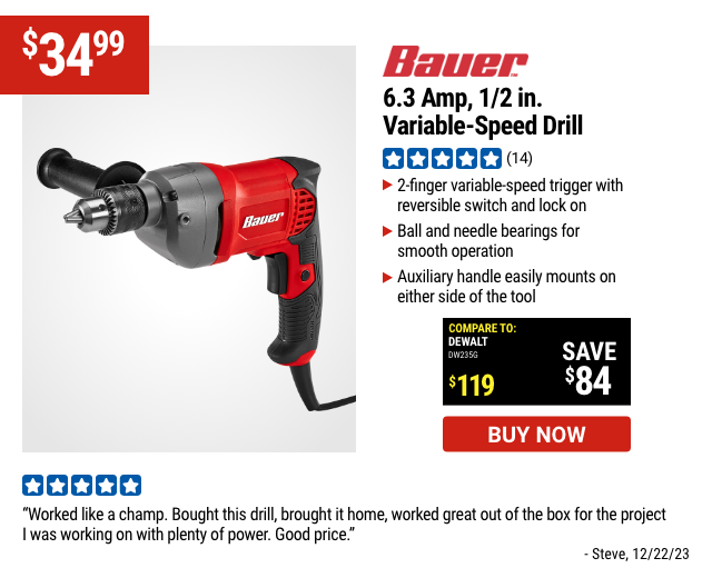 BAUER: 6.3 Amp, 1/2 in. Variable-Speed Drill