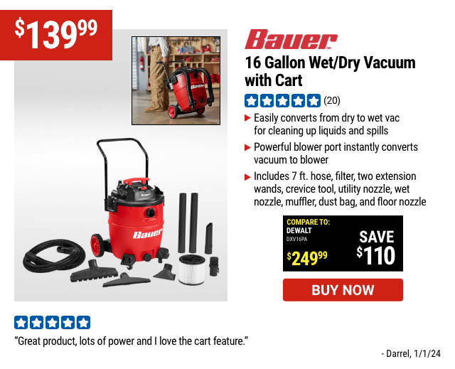 BAUER: 16 Gallon Wet/Dry Vacuum with Cart