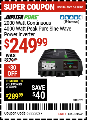 JUPITER PURE: 2000 Watt Continuous/4000 Watt Peak Pure Sine Wave Power Inverter