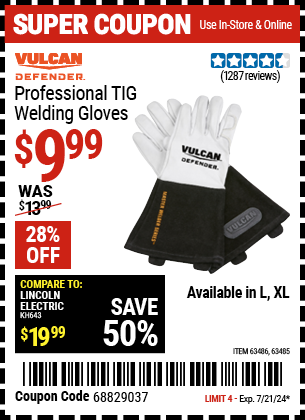 VULCAN: DEFENDER Professional TIG Welding Gloves, Large