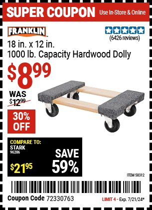 FRANKLIN: 18 in. x 12 in. 1000 lb. Capacity Hardwood Dolly