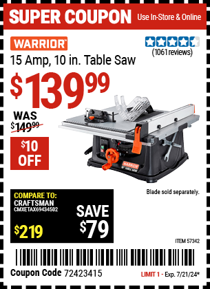 WARRIOR: 15 Amp, 10 in. Table Saw