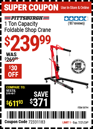 PITTSBURGH: 1 Ton Capacity Foldable Shop Crane