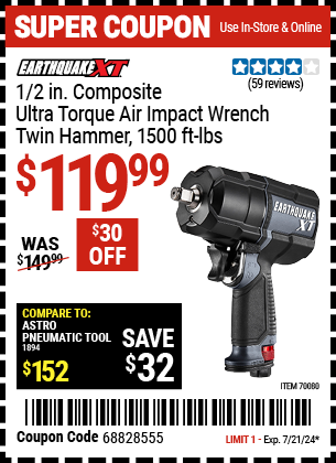 EARTHQUAKE XT: 1/2 in. Composite Ultra-Torque Air Impact Wrench, Twin Hammer, 1500 ft. lbs.