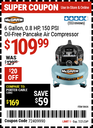 MCGRAW: 6 gallon 0.8 HP 150 PSI Oil-Free Pancake Air Compressor