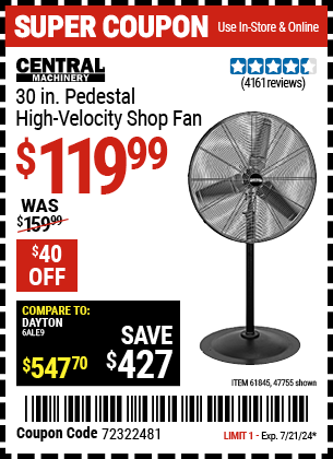 CENTRAL MACHINERY: 30 in. Pedestal High Velocity Shop Fan