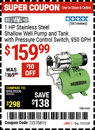 DRUMMOND: 1 HP Stainless Steel Shallow Well Pump and Tank with Pressure Control Switch - 950 GPH