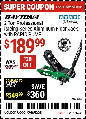 DAYTONA: 2 Ton Professional Racing Series Aluminum Floor Jack with RAPID PUMP