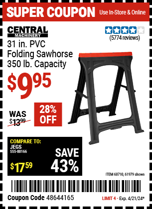 CENTRAL MACHINERY: 31 in. PVC Folding Sawhorse, 350 lb. Capacity